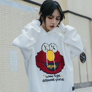 Streetwear White Elmo Hoodie Urban Fashion Fleece Pullover Sweatshirt
